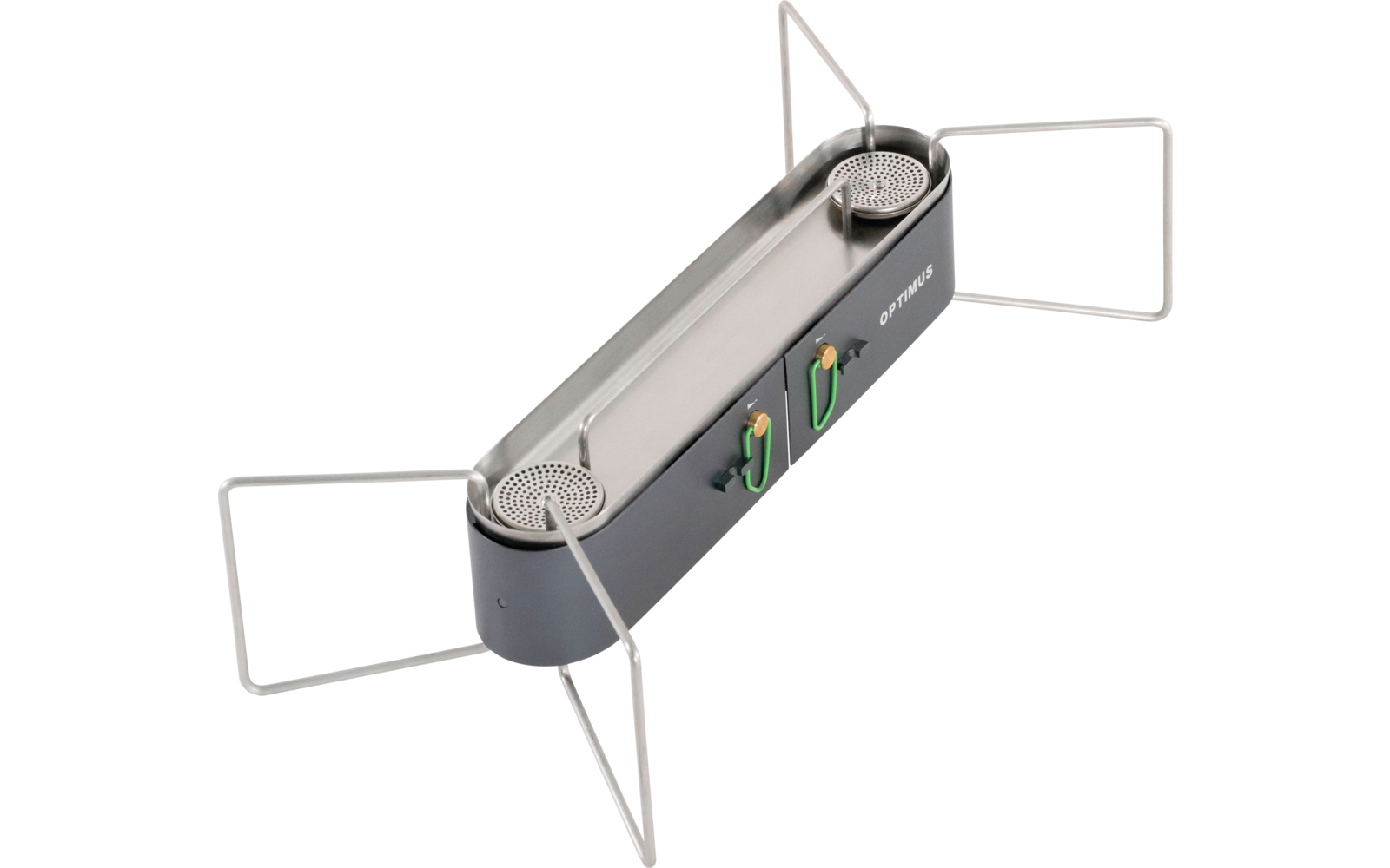 Gasskoker Optimus Gemini II 2-bluss 2x2500W bakside med sammenleggbar gassbeholderholder