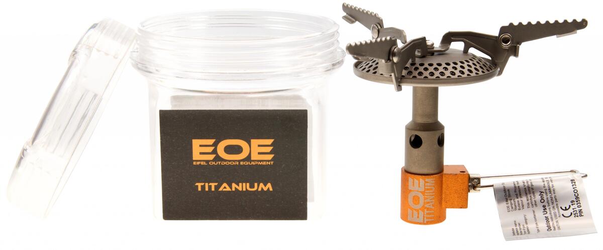 Gasskoker Titanium i titan/aluminium sett forfra