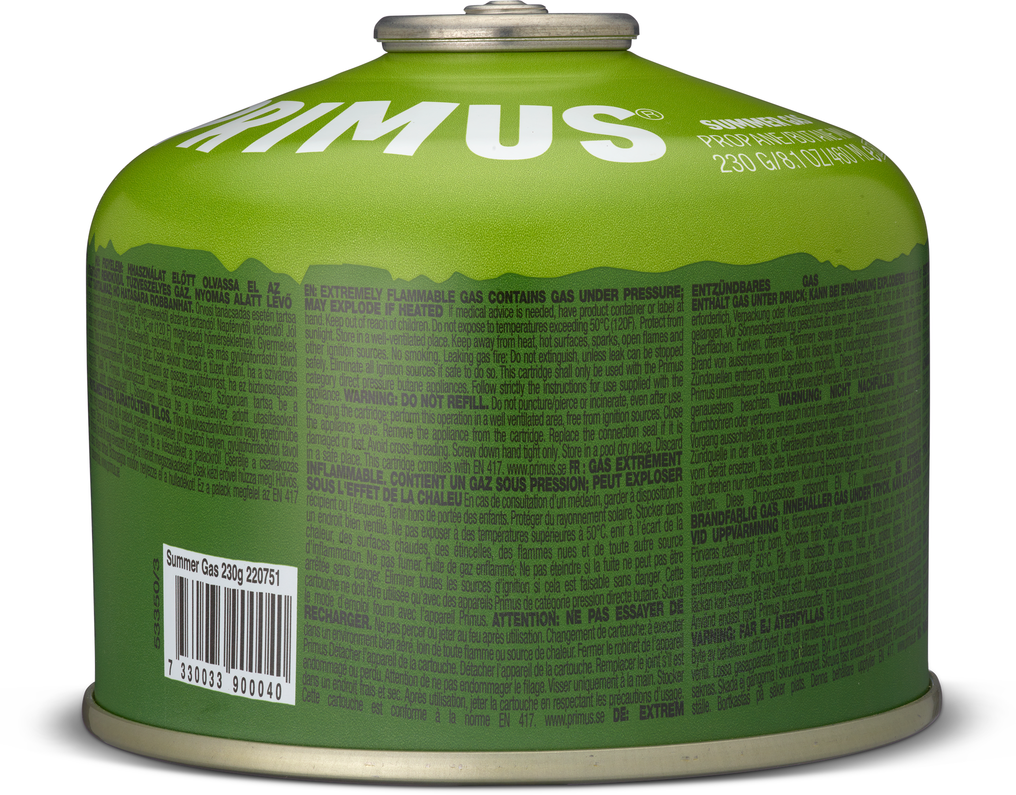Gasspatron med skruventil Summer Gas 230 g fra Primus for campingbruk