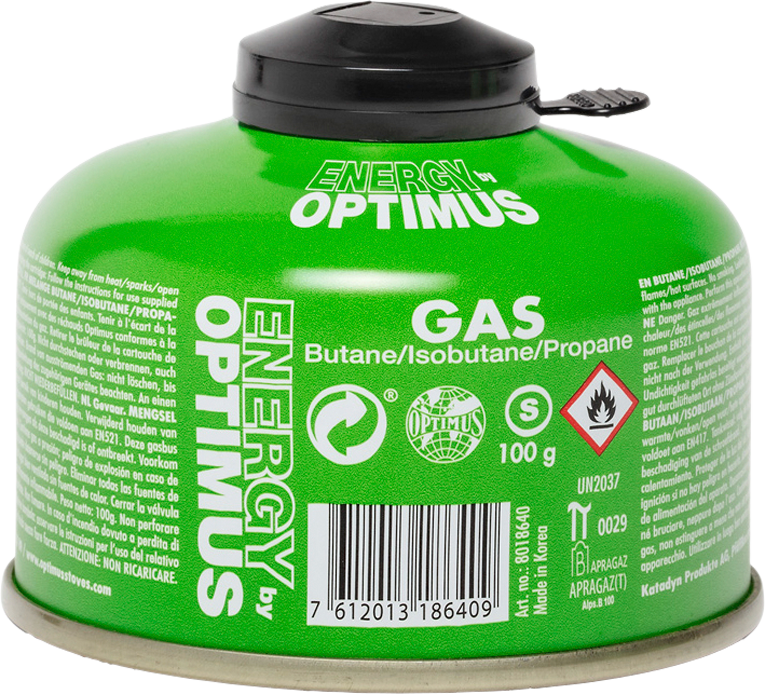 Gasspatron universal med skrugjenge og beskyttelseshette 100 g - Optimus forfra