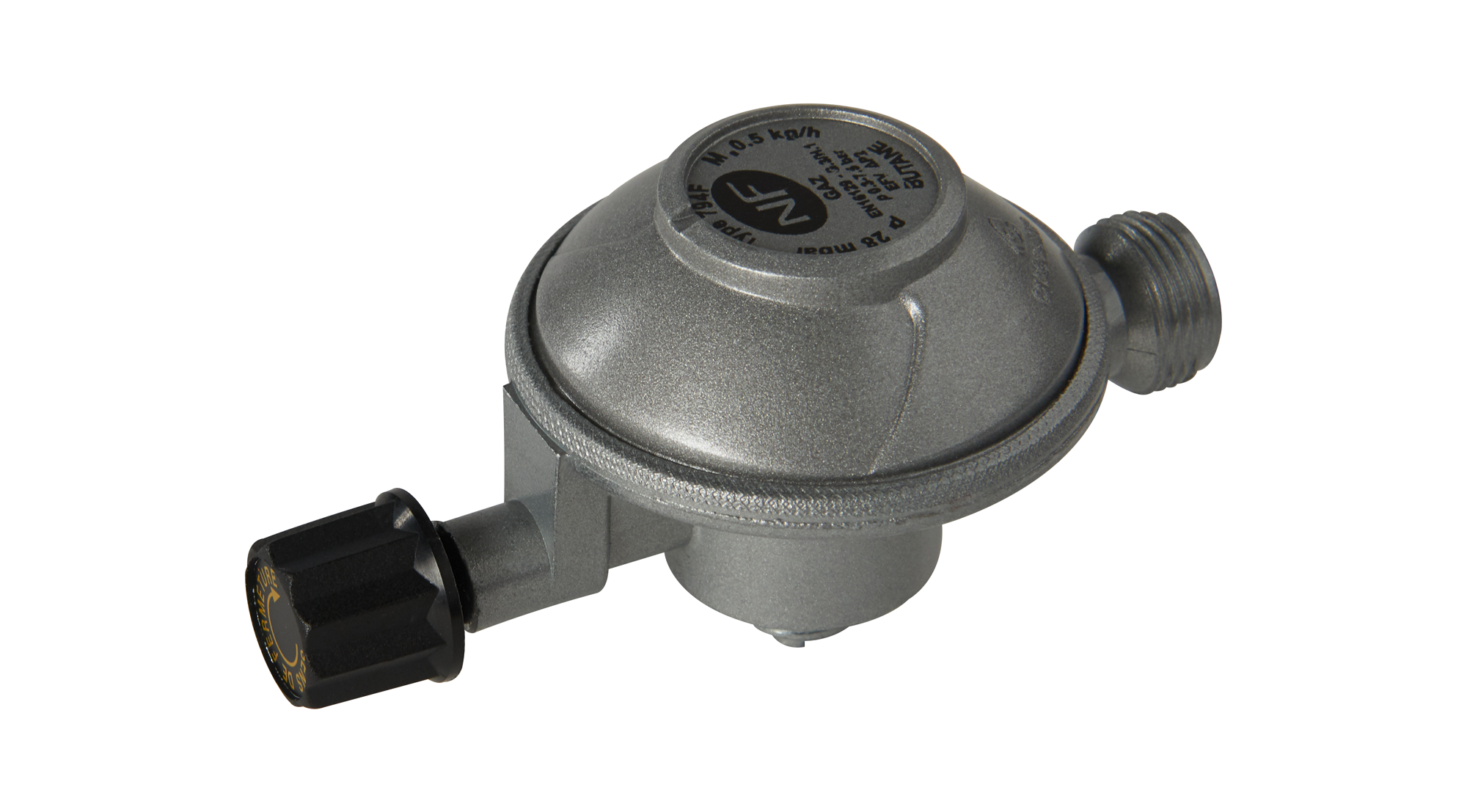 Gassregulator for campingvogn 28 mbar LPG 0,5 kg/t - Favex sett forfra