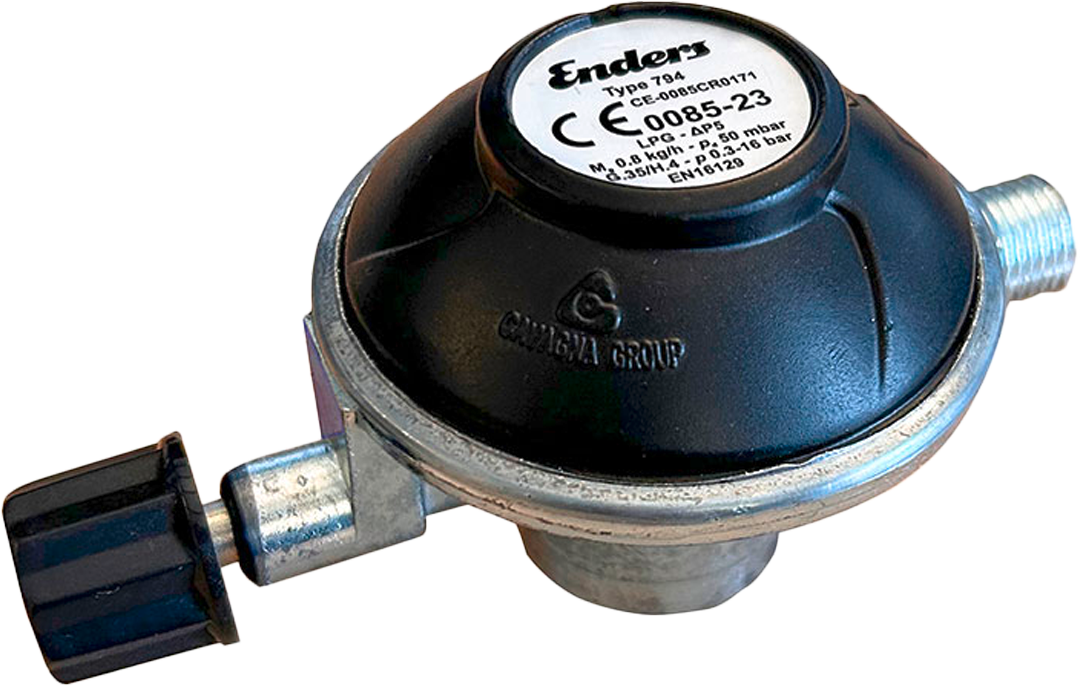 Gassregulator for skrukartusjer 50 mbar med slangbruddventil Enders forfra
