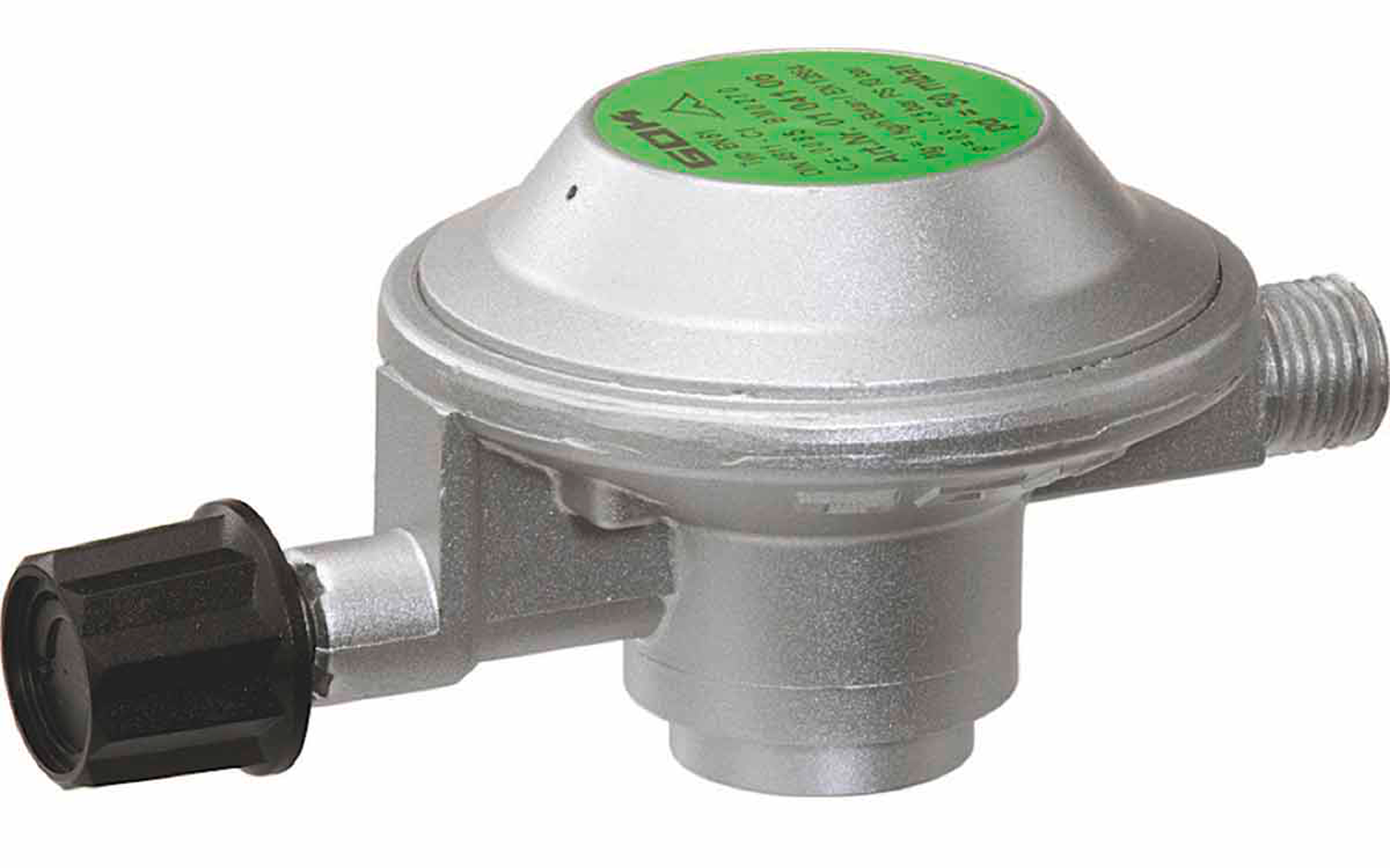 Gassregulator EN61 50 mbar for gasskartusjer med gjenger forfra