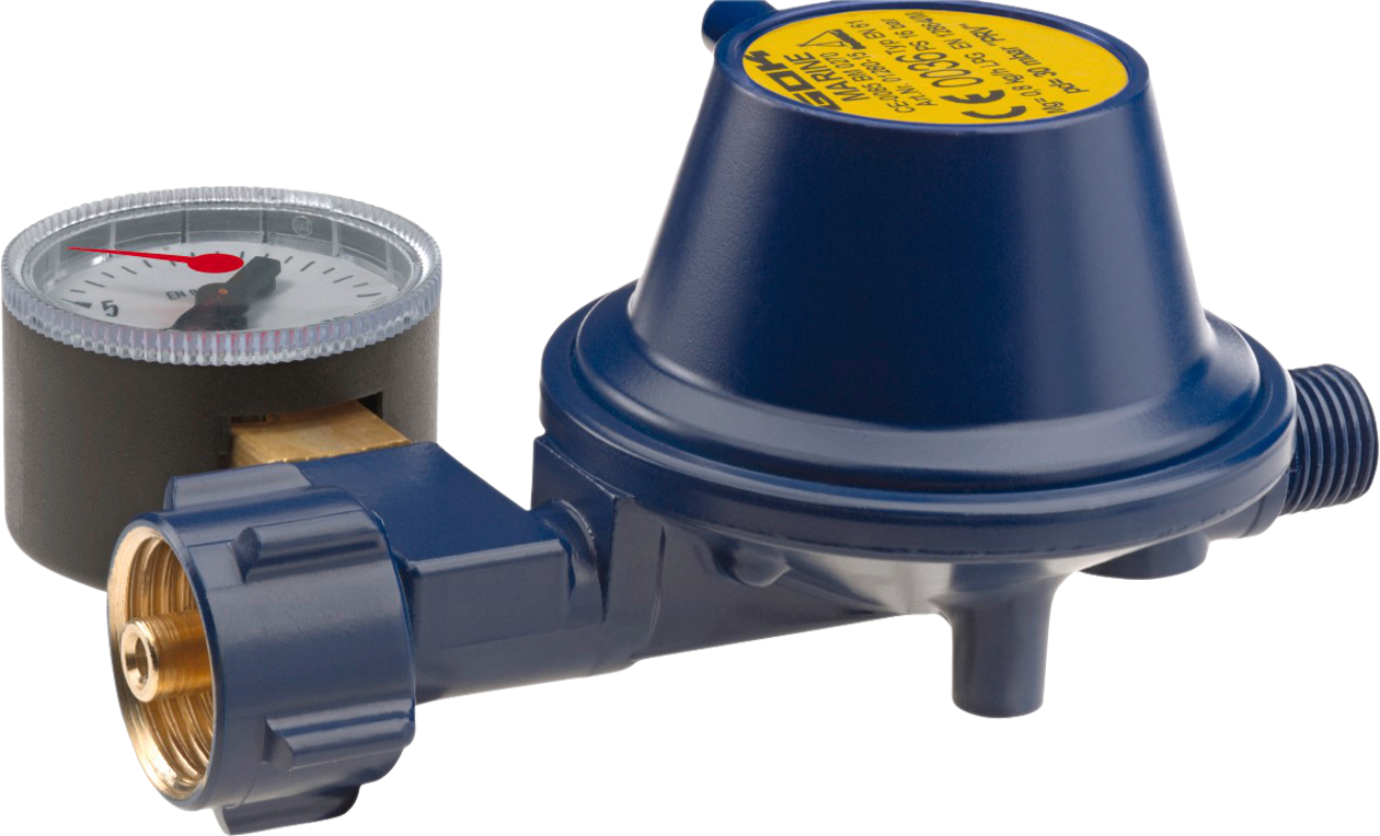 Gassregulator EN61-DS 30 mbar med manometer 90° avgang for gassflasker