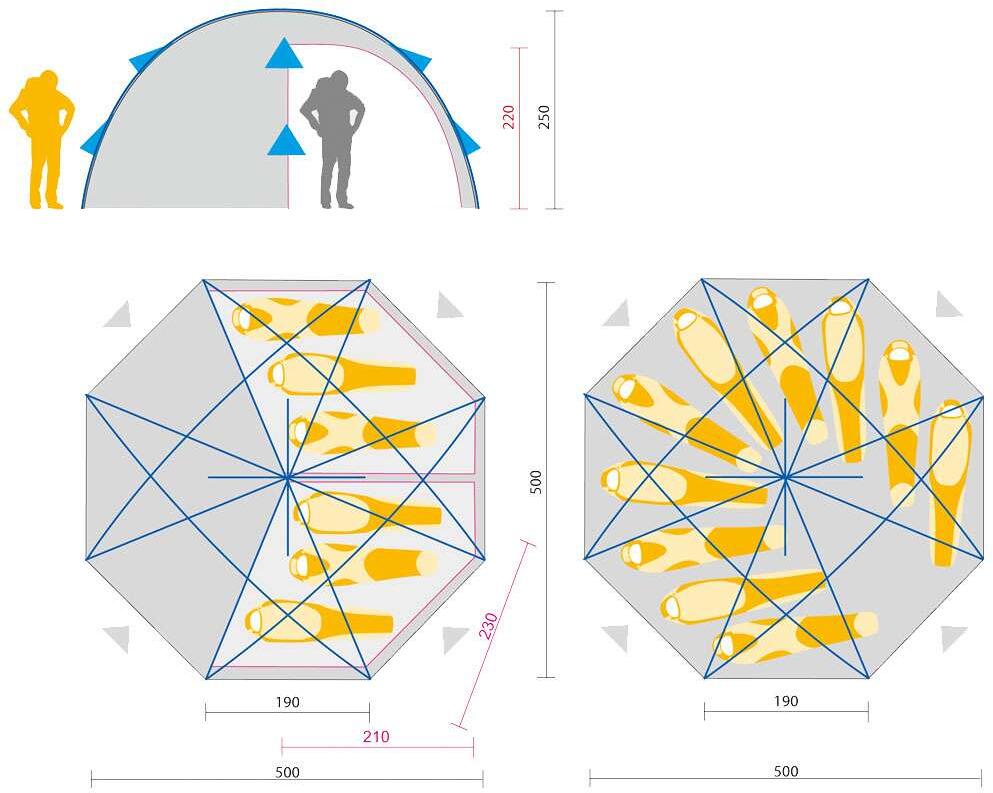 Geodettelt Base Camp Dome 6-10 personer 500x500 cm - Jack Wolfskin innvendig detalj