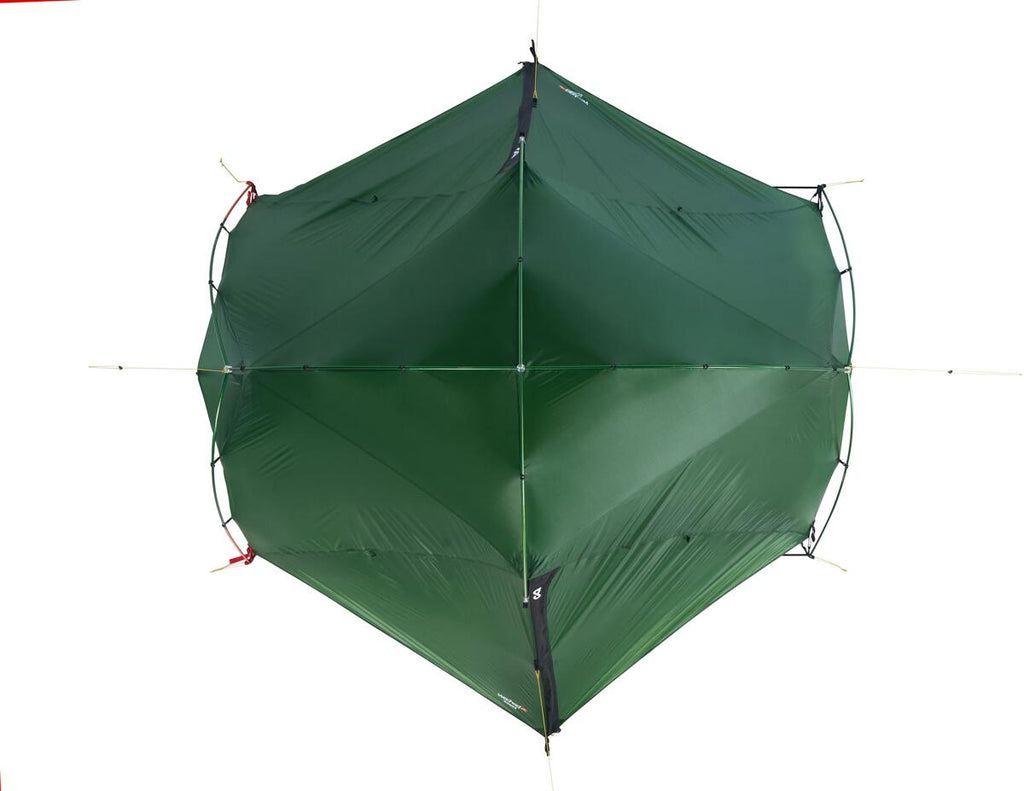 Geodettelt DONNA 2-persons 230x210 cm grønn montert i naturen