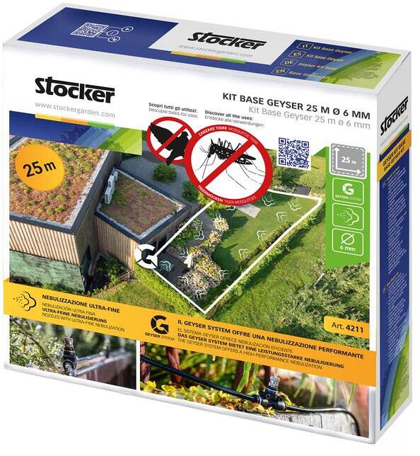 Geyser Base Kit myggbeskyttelse 25m slange, 10 dyser og tilbehør montert i hage