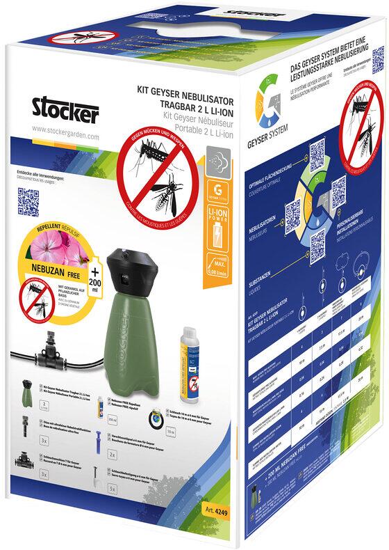 Baksiden av Geyser nebulisator kit 2 l med Nebuzan 200 ml