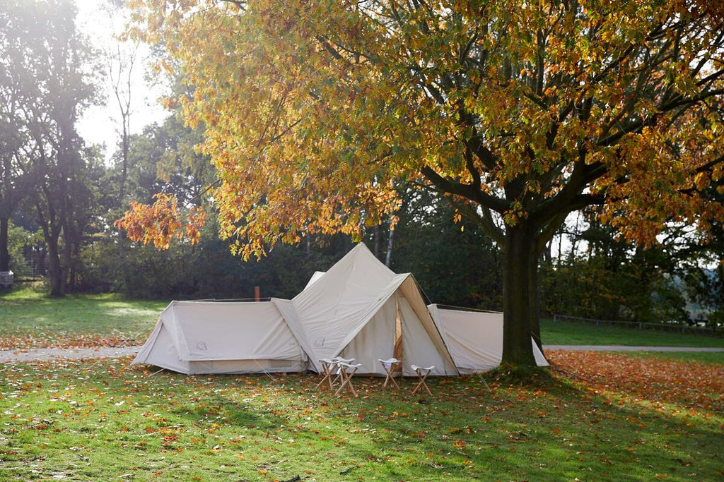 Oversikt over romslig interiør i Glamping-telt Midgard 20 bomull/polyester 10-pers