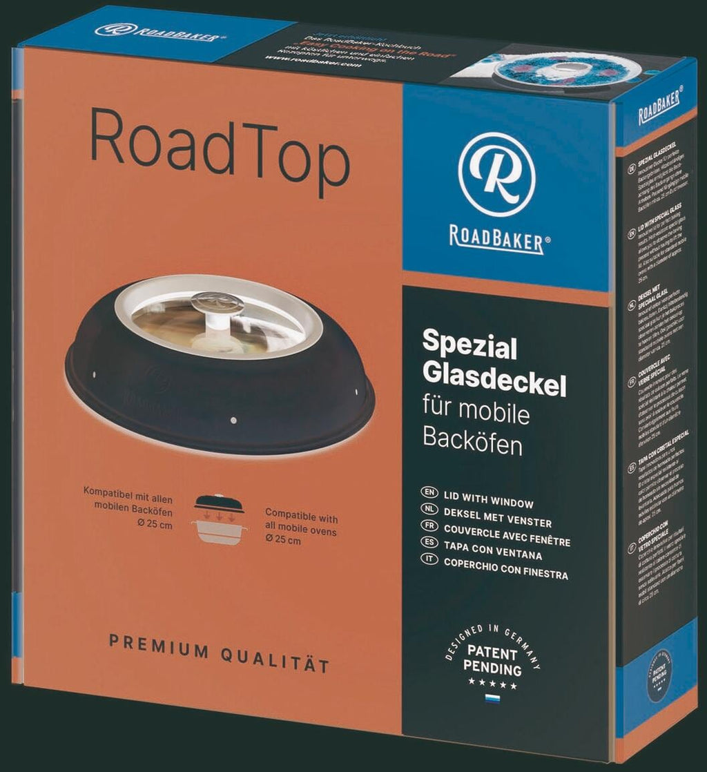 Nærbilde av håndtak på Glasslokk RoadTop Ø25 cm for campingstekeovn