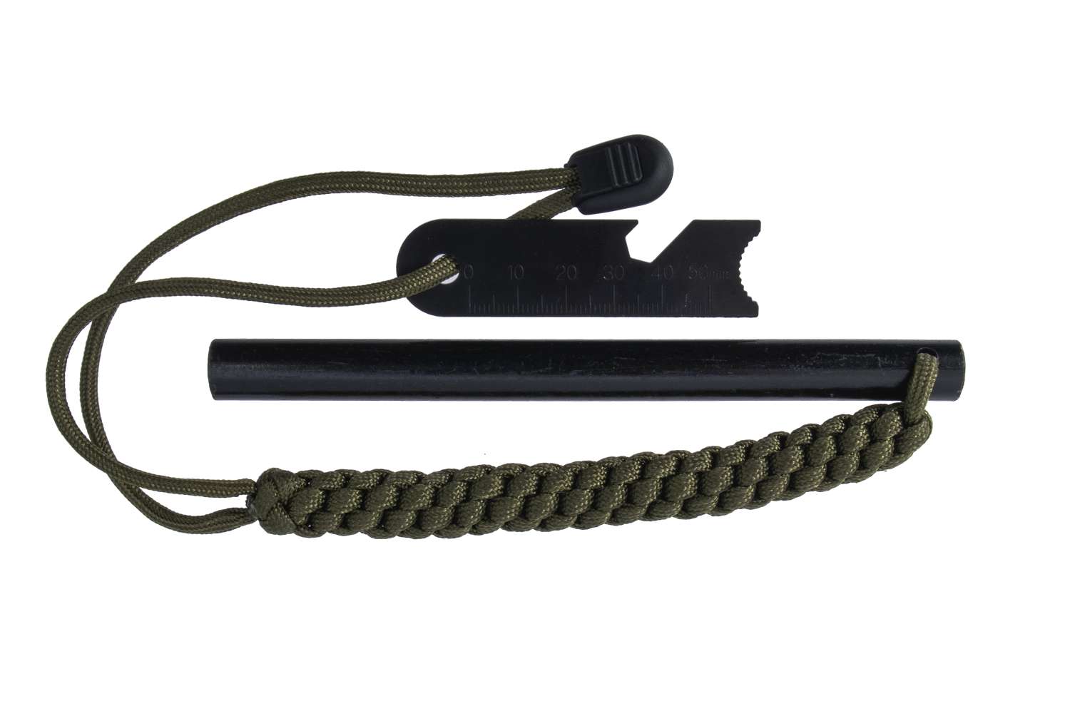 Goliath fyrstål svart 15 cm med 3 m paracord for effektiv tenning