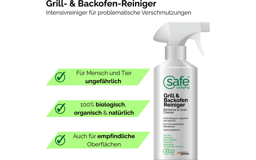 Nærbilde av etikett på Grill- og stekeovnsrens 250 ml alkoholfri - SAFE CAMPING