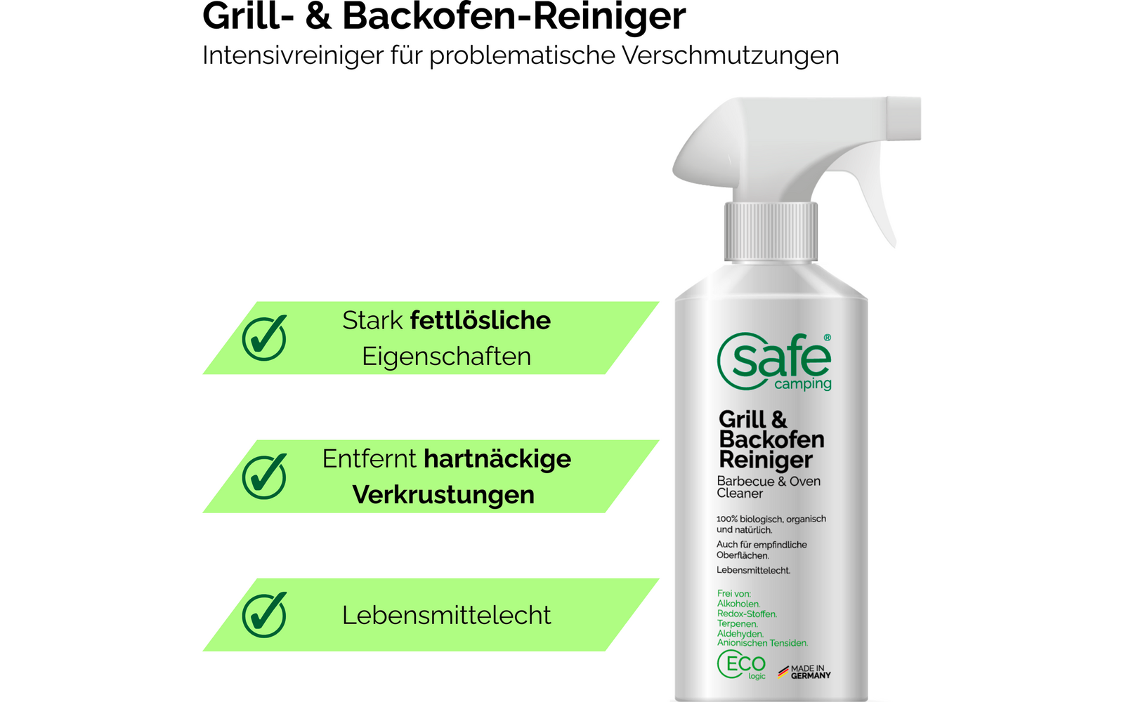 Grill- og stekeovnsrens 250 ml alkoholfri - SAFE CAMPING montert på hylle