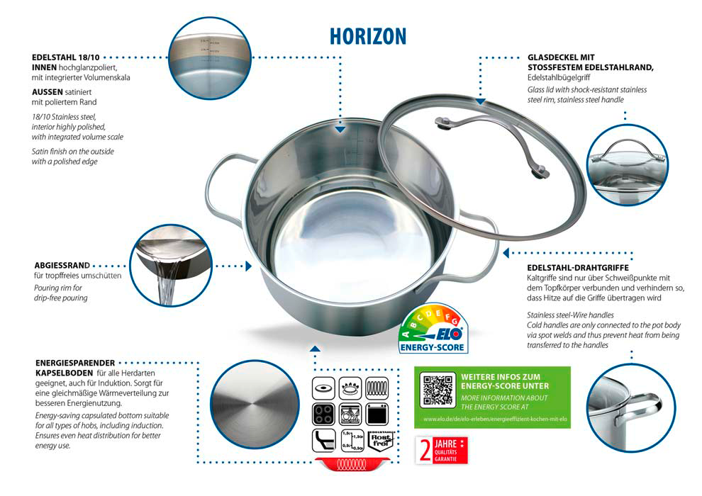 Gryte- og pannesett Horizon 10 deler rustfritt stål - ELO Basic for campingmatlaging