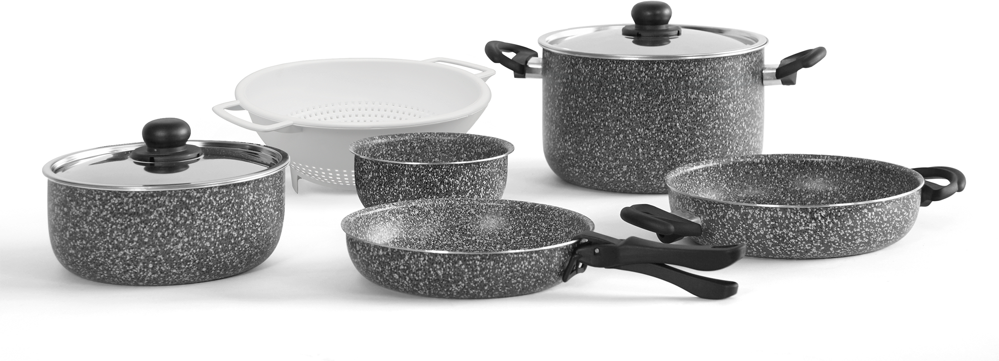 Grytesett 10-deler aluminium granittlook med non-stick PTFE forfra