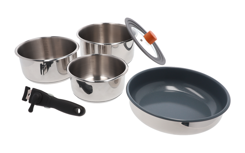 Bakside av Grytesett 6-deler rustfritt stål med glasslokk og tanggrep - BlueOak