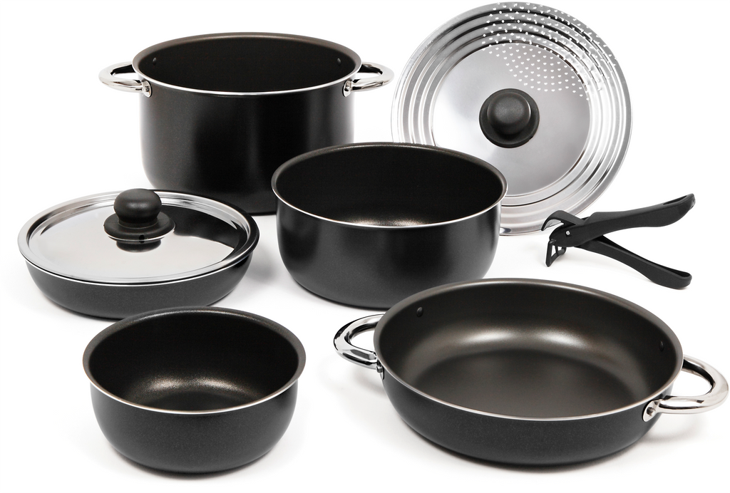 Grytesett 9-deler aluminium med non-stick belegg stablebar svart forfra