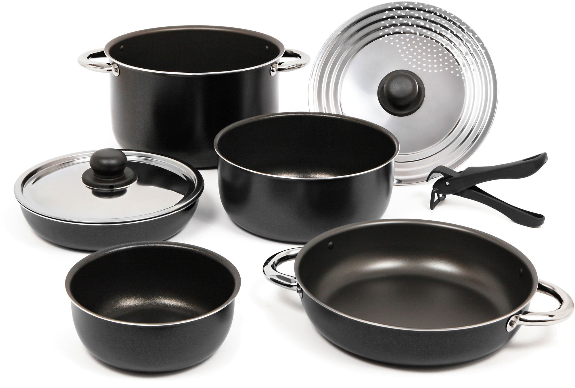 Grytesett 9-deler aluminium med non-stick belegg stablebar svart forfra