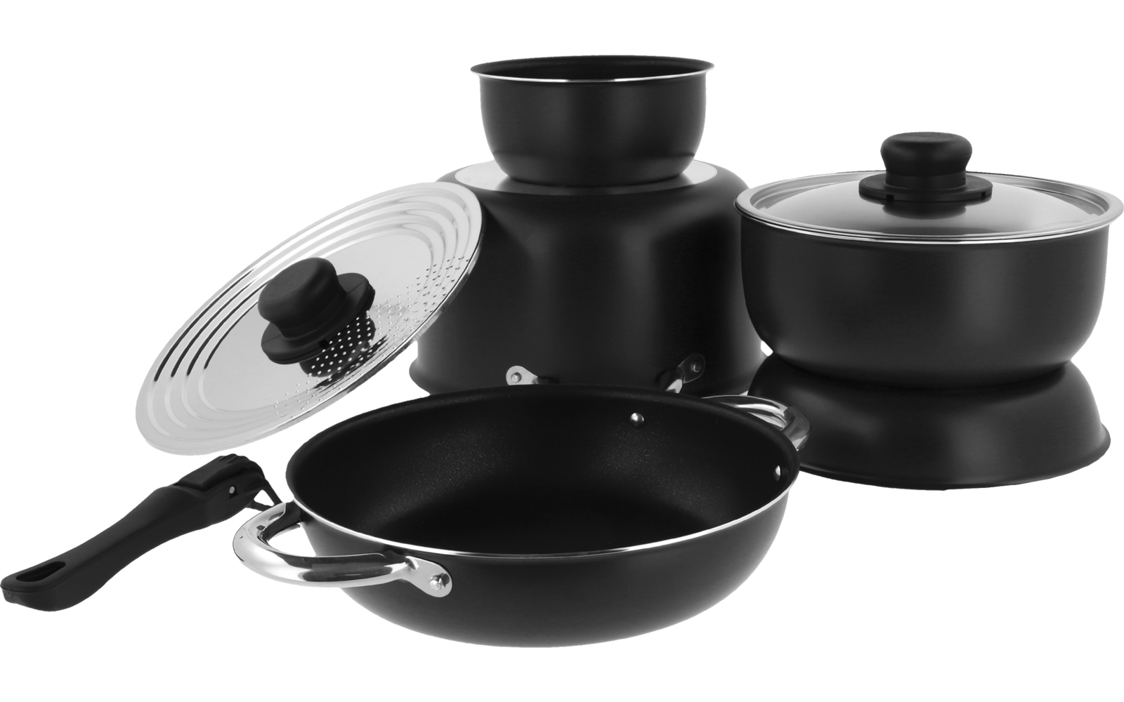 Grytesett 9-deler aluminium med non-stick belegg stablebar svart bakside