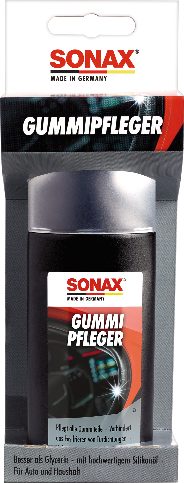 Gummipleie med svampapplikator 100 ml Sonax påført på gummidetaljer