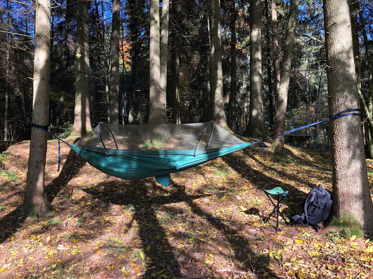 Oppbevaringspose på Hengekøye med pop-up myggnett 260x140cm 150kg