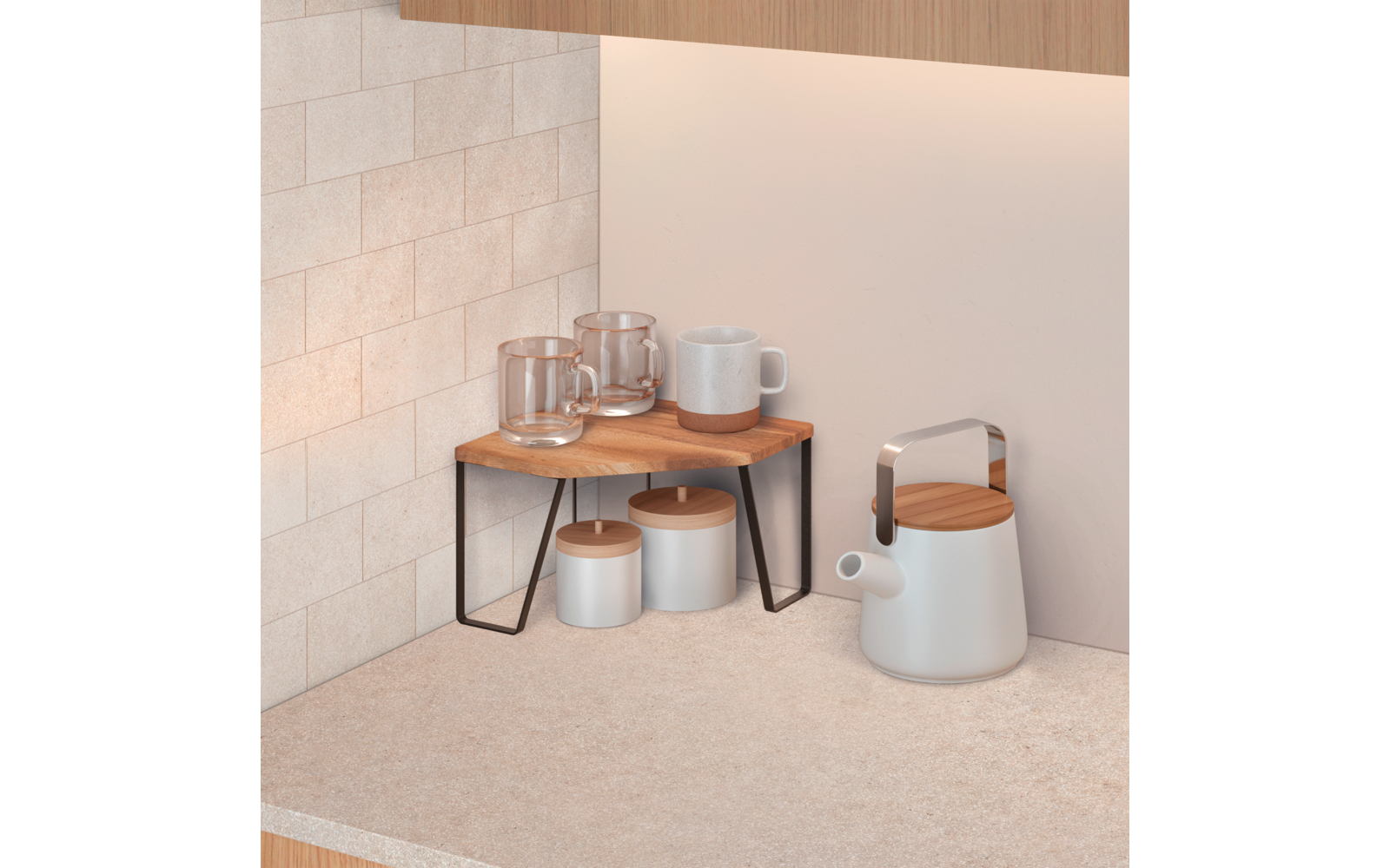 Hjørnehylle 1 etasje akasietre 25 x 25 x 16 cm Metaltex York LAVA bakside
