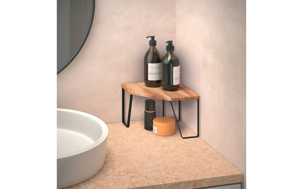 Montert Hjørnehylle 1 etasje akasietre 25 x 25 x 16 cm Metaltex York LAVA i hjørne