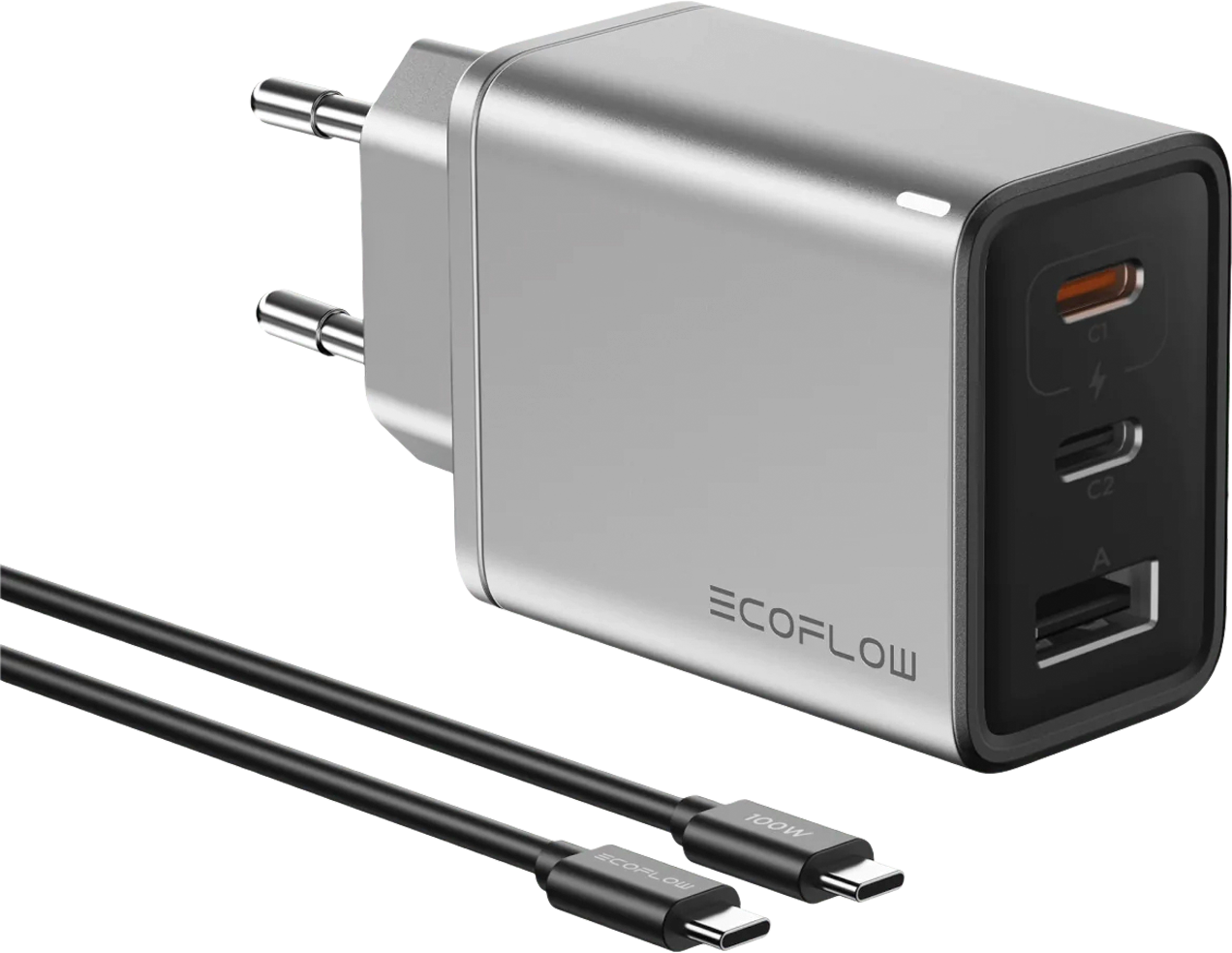 Hurtiglader 65 W GaN med 100 W kabel EcoFlow forfra