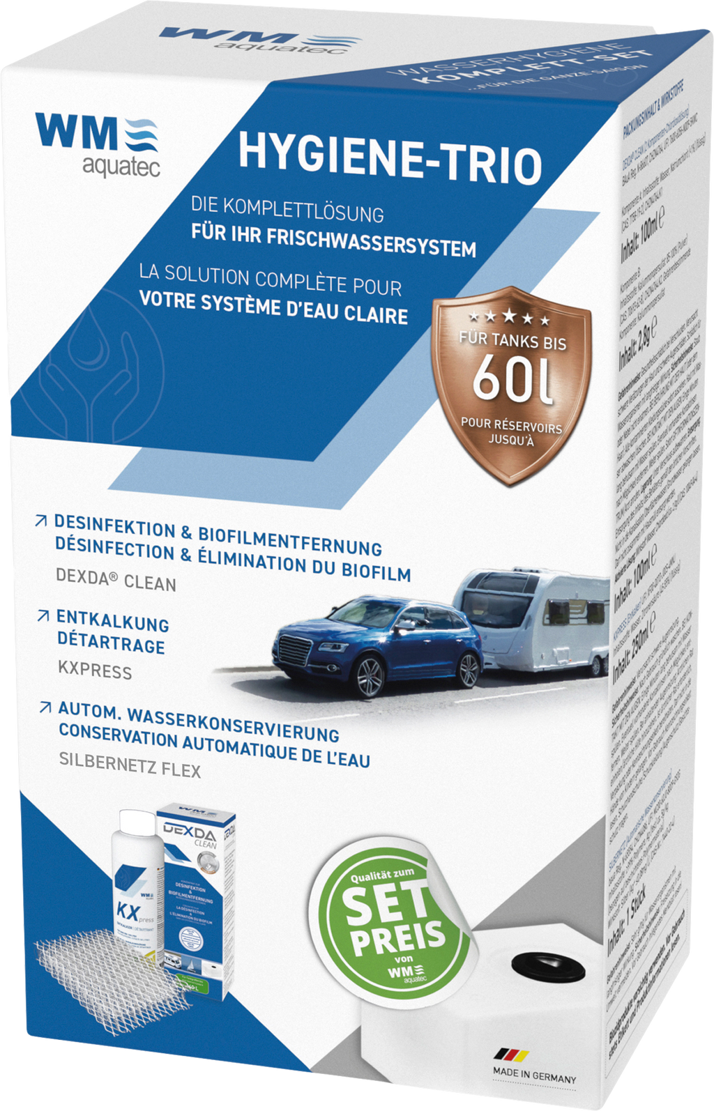 Hygiene-Trio komplettsett for vanntank 60 l forfra