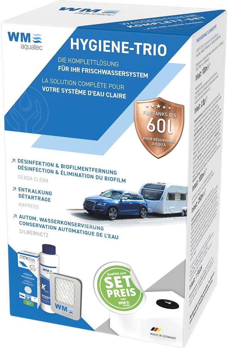 Bakside av Hygiene-Trio tankrens, avkalking og sølvnett - WM Aquatec pakke