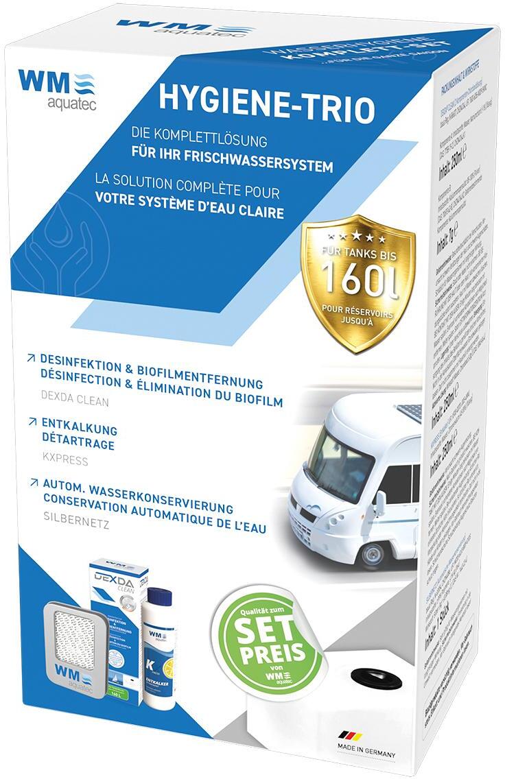 Detalj av Hygiene-Trio tankrens, avkalking og sølvnett - WM Aquatec etikett
