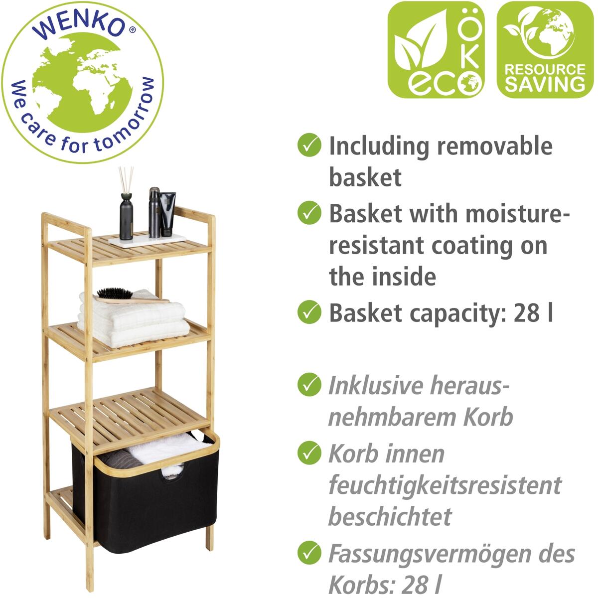 Uttrekkbar kurv på Hylle med 3 etasjer Ecori i bambus 44x33x93,5 cm - Wenko
