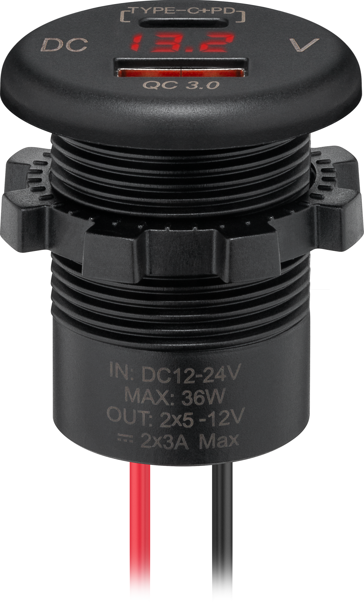 Innbygget USB-A og USB-C lader med hurtiglading 12V/24V 18W - Wentronic front