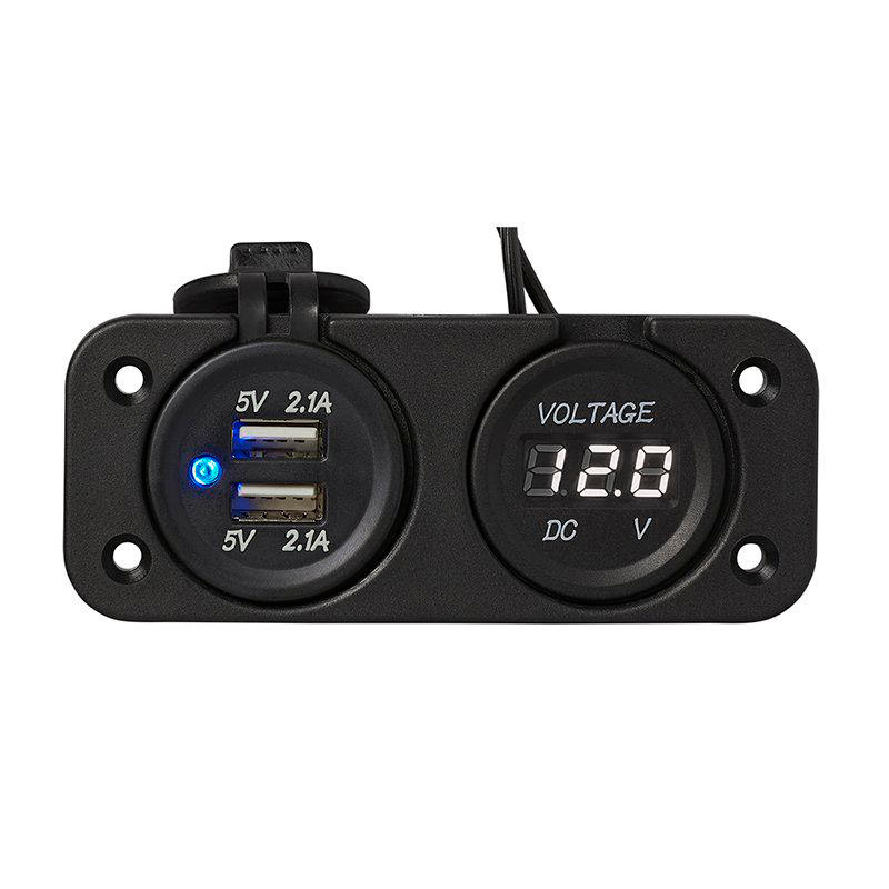 Innbyggingssett voltmeter 30V og dobbel USB-kontakt 2x2100mA ProPlus forfra