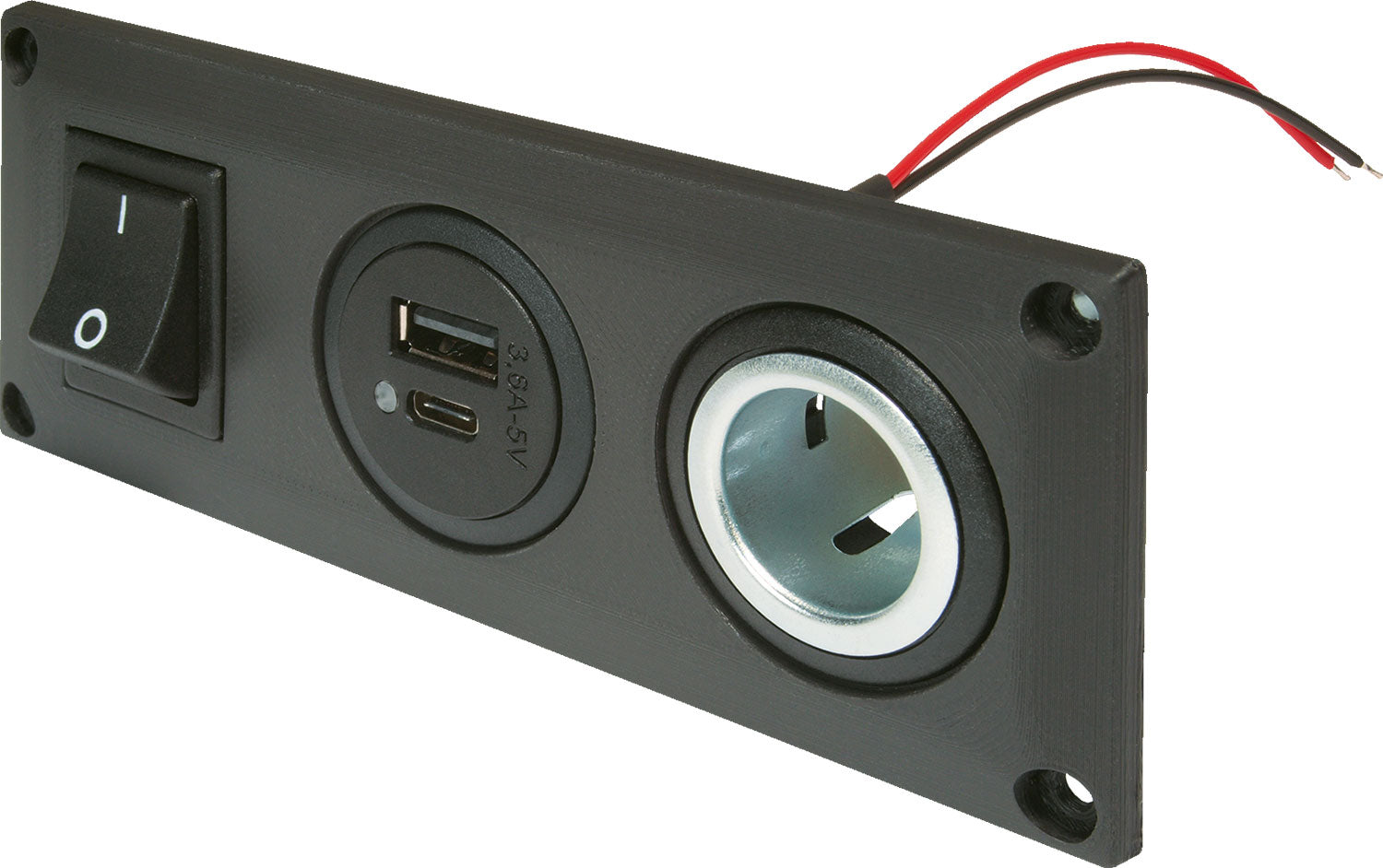 Innbyggingsstikkontakt med USB og 12/24 V poweruttak 144x56 mm ProCar forfra