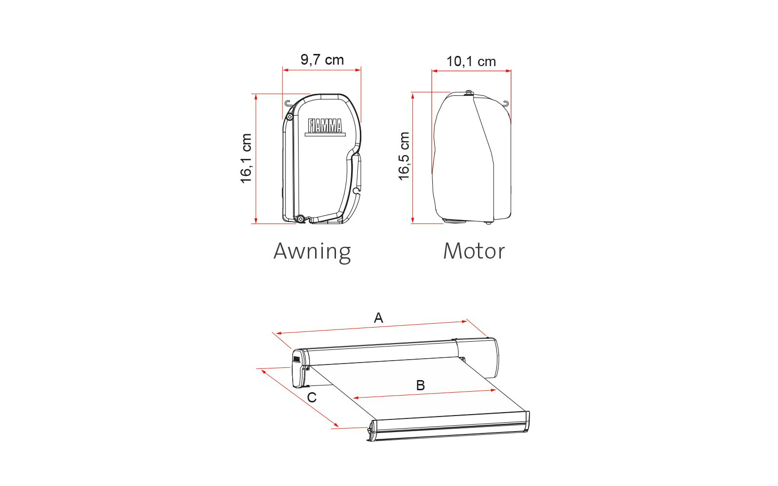 Detalj av leddarm på Kassettemarkise F45eagle 350 cm takmontert 12V motor - Fiamma
