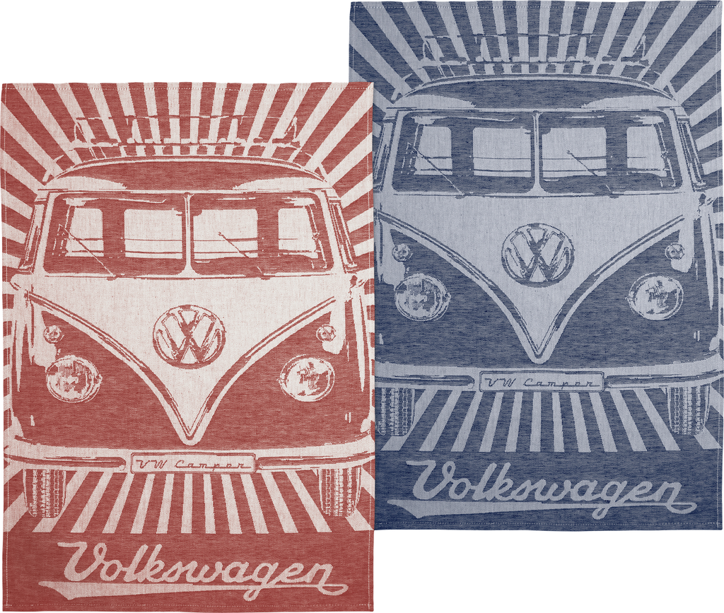 Kjøkkenhåndkle 2-pk T1 Bulli rød/blå forfra med VW Collection motiv