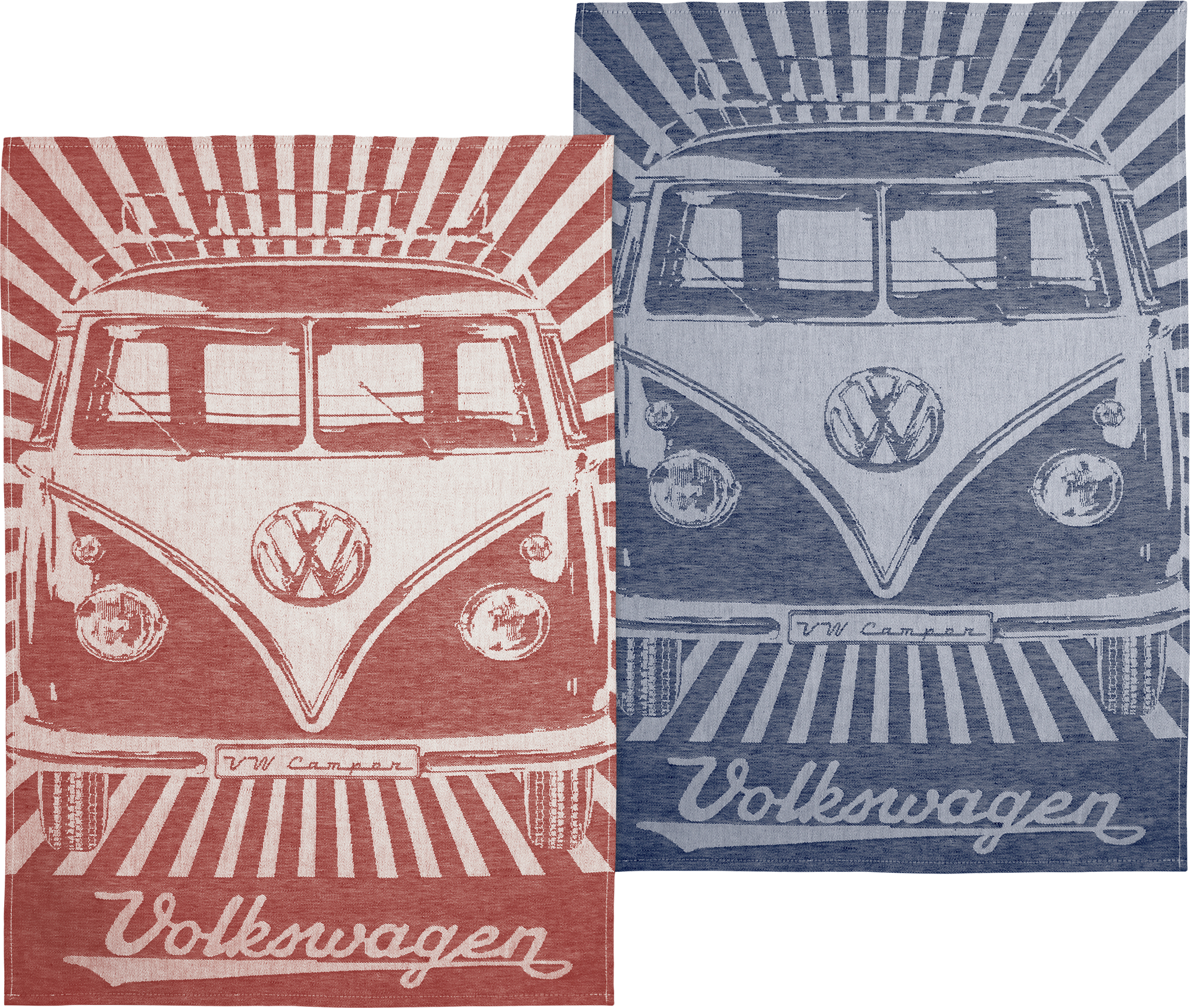 Kjøkkenhåndkle 2-pk T1 Bulli rød/blå forfra med VW Collection motiv