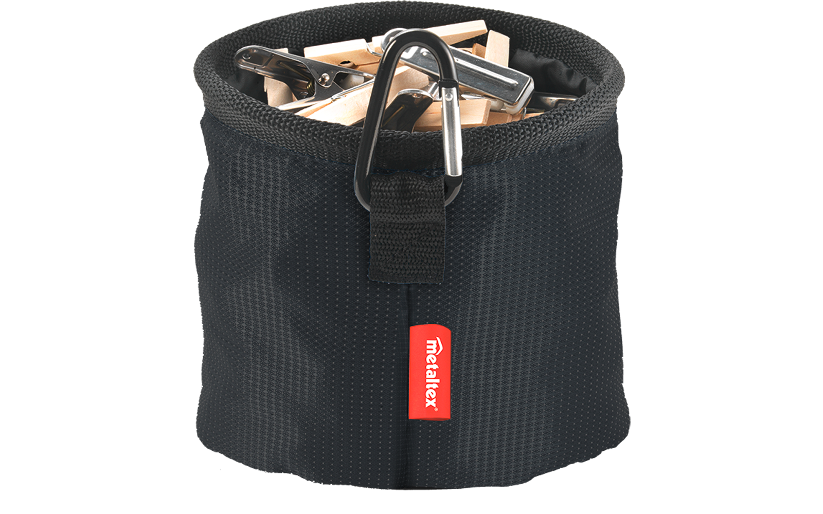 Klesklypepose polyester med karabinkrok Metaltex montert på vaskestativ