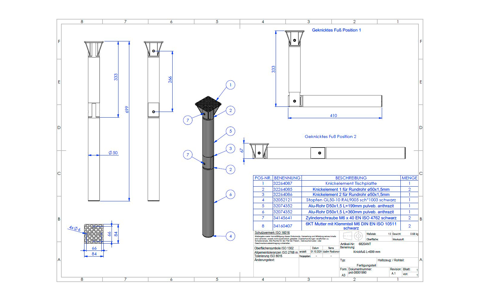 Knekfot for bord antrasitt 69,9 cm aluminium sammenlagt detalj