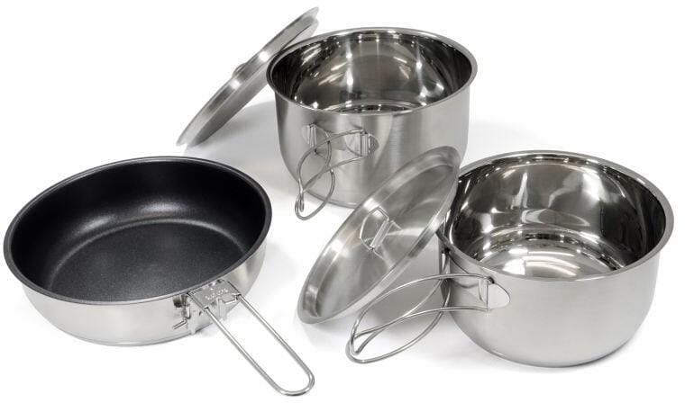 Kokekartsett 3-delers rustfritt stål med non-stick panne forfra
