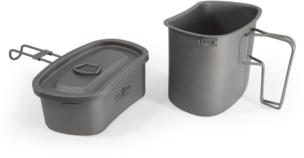 Kokekartsett 4-deler i titan 232 g med nettpose - Origin Outdoors montert med kjeler