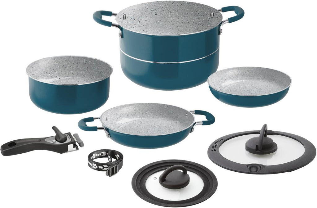Kokekartsett Carezza 7+1 aluminium med induksjonsbunn, blå forfra