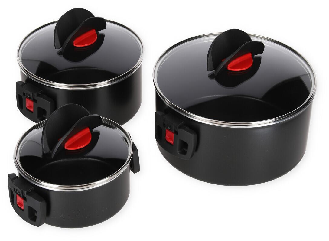 Kokekartsett Click & Cook 6 deler med glasslokk aluminium sett forfra