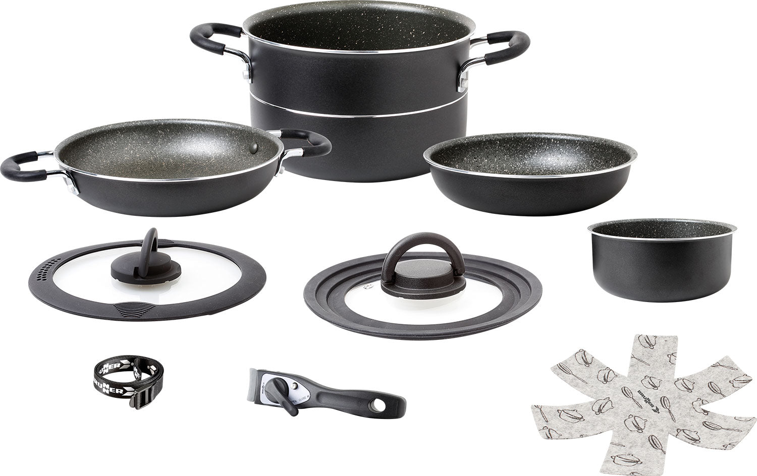 Kokekartsett Pirate NG 9-delers aluminium med Vacublock Ø22 cm sett forfra