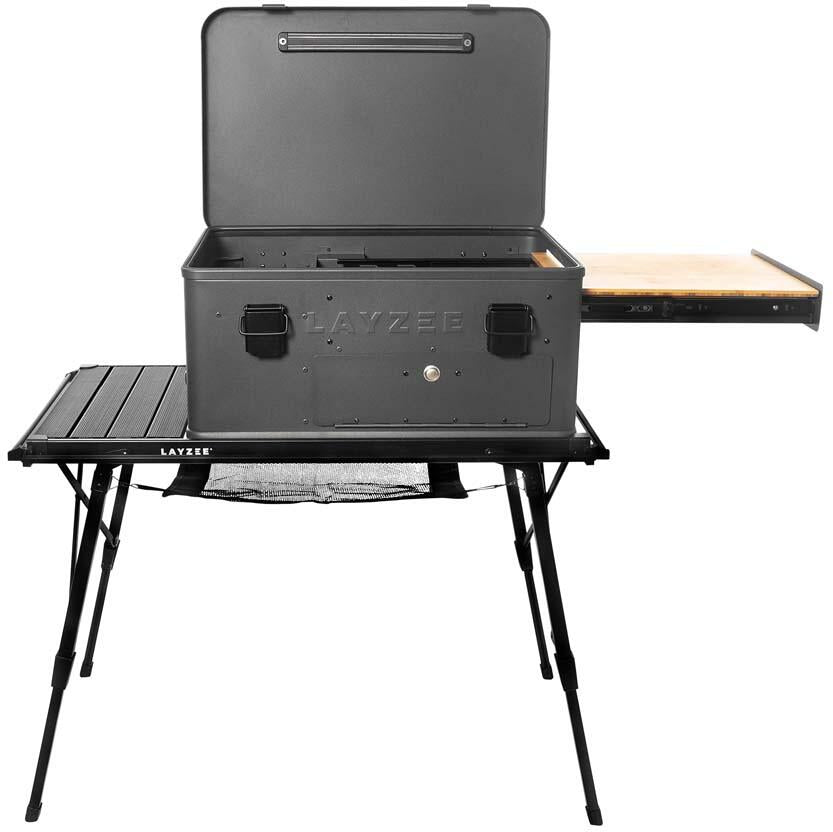 Montert Kokestasjon og campingbord 89x47cm høydejusterbar svart Layzee på campingplass