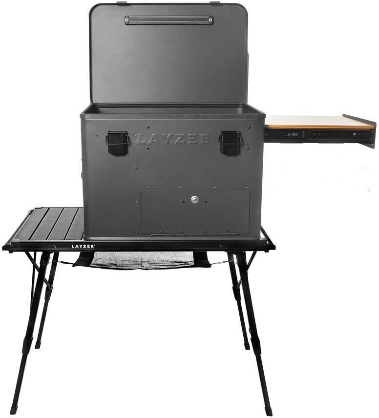 Nærbilde av teleskopben på Kokestasjon og campingbord 89x47cm høydejusterbar svart Layzee