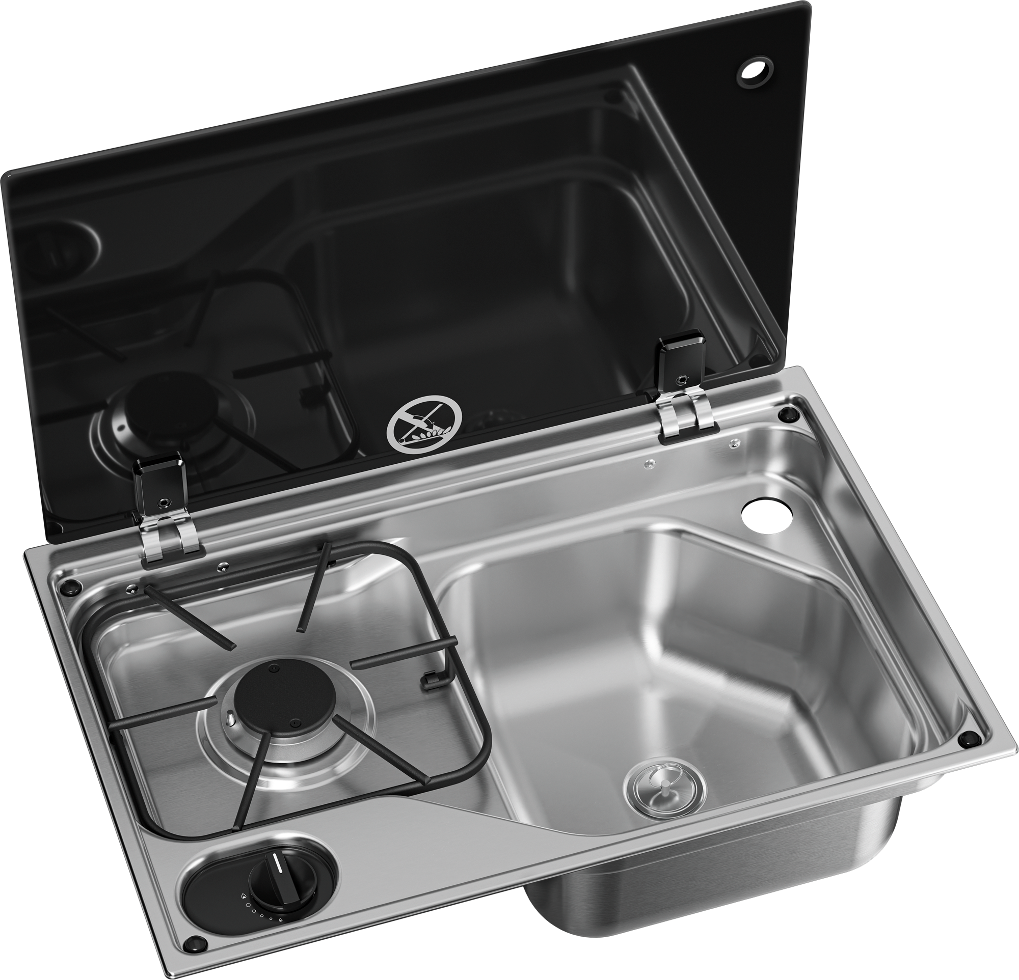 Koketopp-vask-kombinasjon CVC1525G 1-bluss med glasslokk fra Dometic for campingbruk