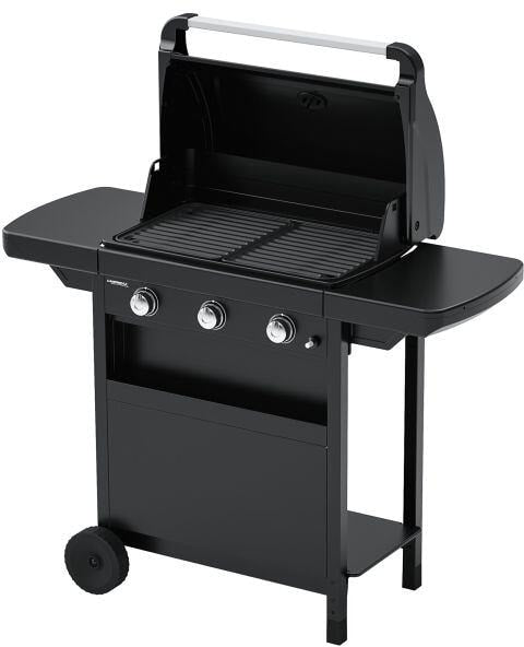 Detalj av brennere på Kompakt gassgrill med 3 brennere og stålvogn