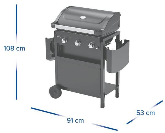 Kompakt gassgrill med 3 brennere og stålvogn pakket og klar til transport
